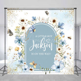 Aperturee - Aperturee Blue Floral Spring Custom Name Baby Shower Backdrop